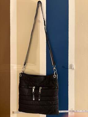 Sondra Roberts Squared Black Quilted Puffer Crossbody Bag with Striped Strap